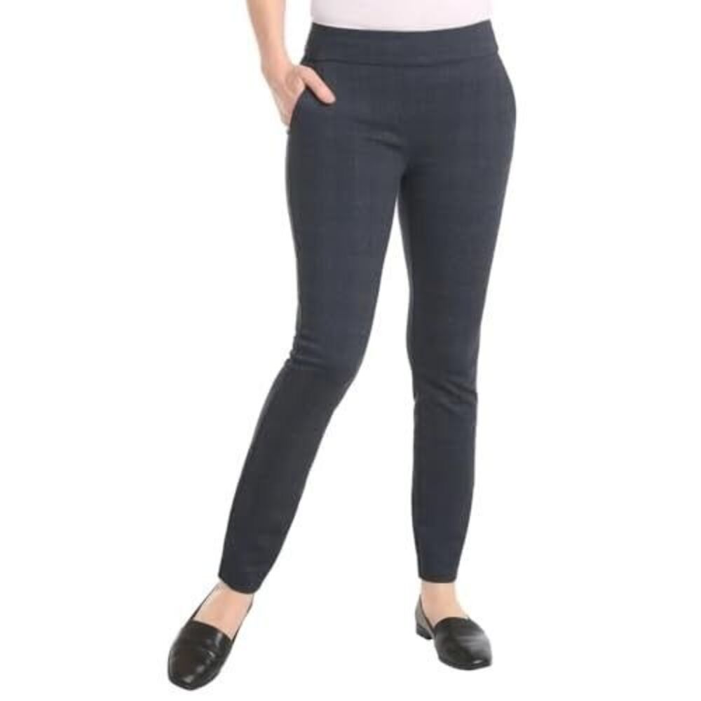 Dalia Pull-On Ponte Pants Womens M Navy Blue Plaid Tummy Control Panel NEW